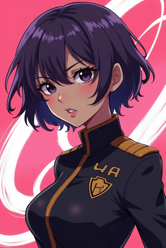 Generates an image of a Boku No Hero type girl with mouth piercings, ears and nose, Height of 1,54, short layered hair shoulder length and dark purple color, His eyes are black and slanted, Her skin tone is light brown and she wears the UA uniform. Her body type is similar to Uraraka's.