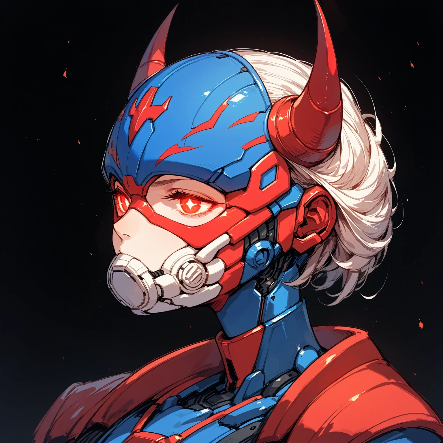 Anime Style,Mechanical Hannya Mask,A woman wearing a Hannya mask,Glowing Eyes、Iron Man Mask,Mask covering the mouth,Protruding horns in the front