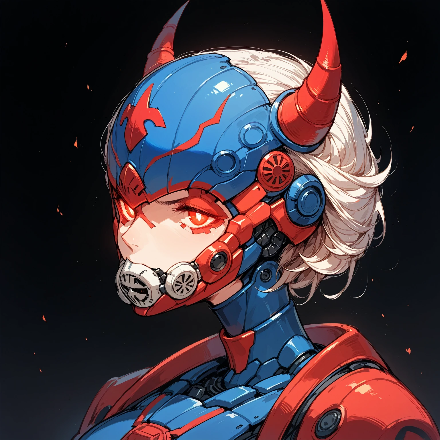 Anime Style,Mechanical Hannya Mask,A woman wearing a Hannya mask,Glowing Eyes、Iron Man Mask,Mask covering the mouth,Protruding horns in the front