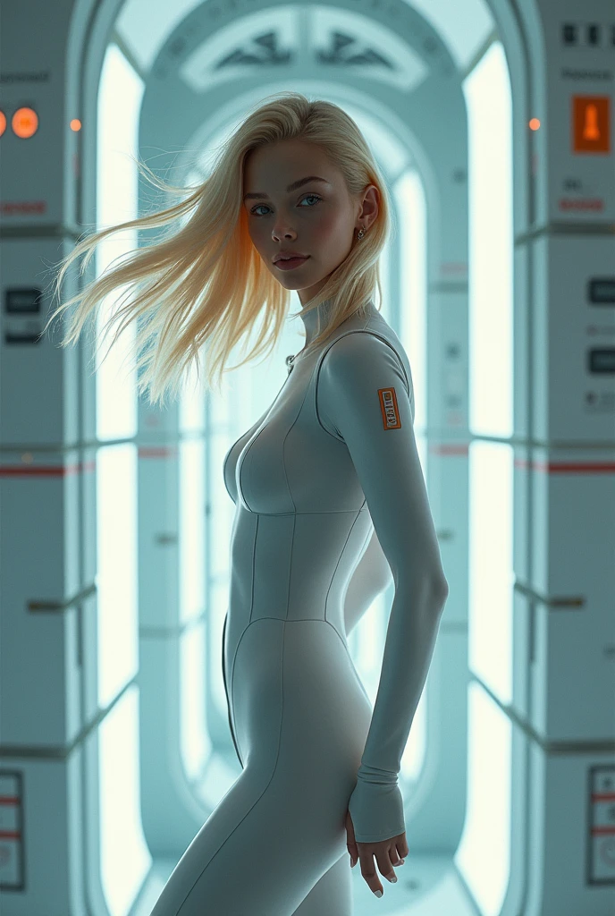 ((Beautiful woman, realistic shoulder length blonde with flowing hair on a realistic futuristic space station)), weightless & floating, (photorealistic), (((Transparent transparent combination))), (Style-Verre), (()), HdR, crenellated, 8k, ((Syd Mead)), Sharp details, ((head of'artwork)), (pictural), (good anatomy), (good proportions), (good composition)