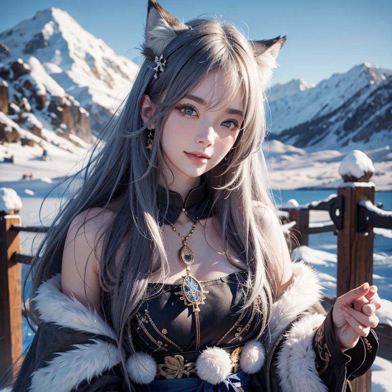 Lakeside surrounded by snowy mountains、Hair Flow、 ((Highest quality、masterpiece、8k、Best image quality、Ultra-high resolution、Award-winning works)、(Accurate anatomy:1.1)、(Look at me and smile:1.1)、Shining fair skin with Ultra-high resolution、The most detailed face、Ultra-high resolution detailed face、Ultra-high resolutionの髪の毛、(Ultra-high resolutionの煌めく瞳:1.1)、Beautiful face drawn in every detail、Ancient Viking clothing, Chest to chest, tattoo, A real wolf is by your side