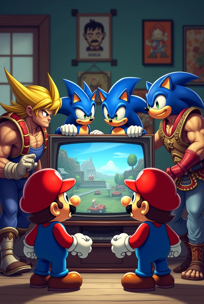 Super Mario, Sonic, Son-Goku and He-Man are playing Tekken on a tube television.