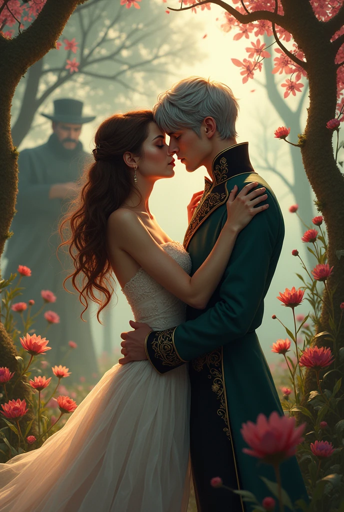 A woman named Alicia wearing a dress that isn't hers, with brown hair and a handsome Prince with gray hair. , kissing in wonderland , the Red Queen. And the prince&#39;s father