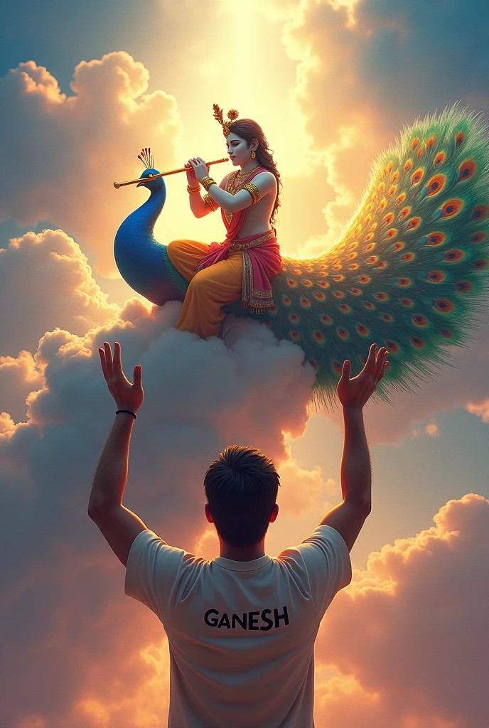 create a 3D illustration of a 30 year old man is worshiping open his two hand lord Krishna and lord Krishna is sitting on a peacock and has golden flute in his hands and Name 'GANESH' is written on the mans t-shirts , image features with heaven background.