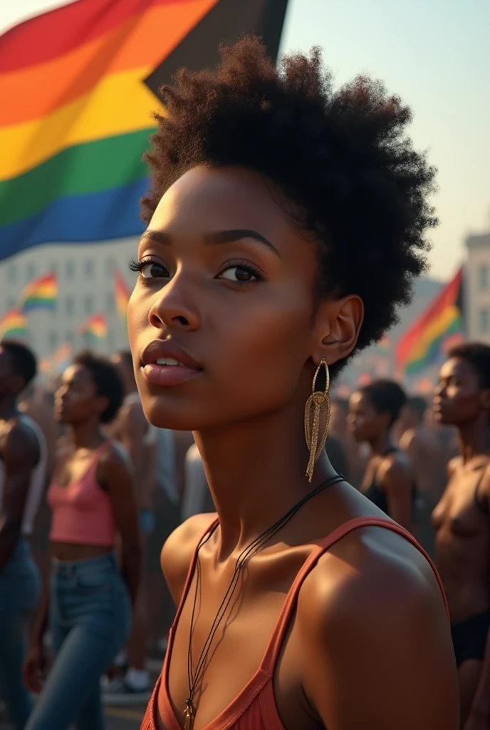 Create a light-skinned black woman, activity, In the background, a movement of black people holding a racial equality flag, real person
