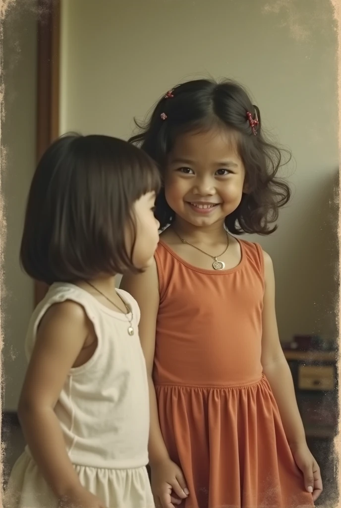 photo taken in a digital camera, set in 2013. two filipino kids 7 years old. the boy has wavy dark brown hair and he is smiling softly at the girl, who is a little chubby and has straight dark brown hair and she is facing away from the camera, her back is facing the camera. the photo is taken by parents so make it look like a candid photo. give it a vintage vibe make the boy taller than the girl and make the photo a little blurry