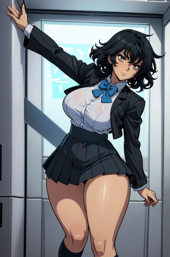 closed mouth, (), ((1girl)), (((genderbend))), (((female))), wide hips, thick thighs, huge breast, narrow waist,  ((school uniform)), ((white shirt)), ((blue bowtie)), ((school full of people)) (black short skirts), (((black jacket))), ((anime artstyle)), long eyelashes, long black hair, bored , (((at day)))