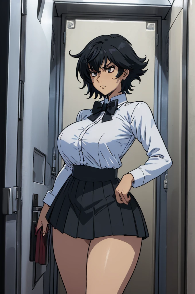 closed mouth, (), ((1girl)), (((genderbend))), (((female))), wide hips, thick thighs, huge breast, narrow waist, ((school uniform)), ((white shirt)), ((blue bowtie)), ((school full of people)) (black short skirts), (((black jacket))), ((anime artstyle)), long eyelashes, long black hair, bored , (((at day)))