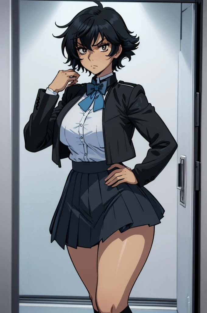 closed mouth, (), ((1girl)), (((genderbend))), (((female))), wide hips, thick thighs, huge breast, narrow waist,  ((school uniform)), ((white shirt)), ((blue bowtie)), ((school full of people)) (black short skirts), (((black jacket))), ((anime artstyle)), long eyelashes, long black hair, bored , (((at day)))