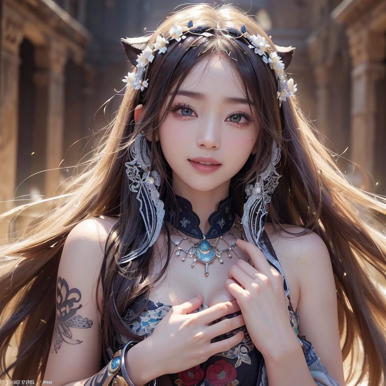 Hiding in the desert、Hair Flow、 ((Highest quality、masterpiece、8k、Best image quality、Ultra-high resolution、Award-winning works)、(Accurate anatomy:1.1)、(Look at me and smile:1.1)、Shining fair skin with Ultra-high resolution、The most detailed face、Ultra-high resolution detailed face、Ultra-high resolutionの髪の毛、(Ultra-high resolutionの煌めく瞳:1.1)、Beautiful face drawn in every detail、(Blurred Background:1.1)、Ancient Islamic clothing, Chest to chest, tattoo, Old ruins in the background、
