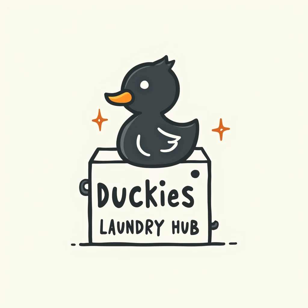 make a simple logo of a black duck at the top of a in washing machine with simple designs and put a caption below it "Duckies Laundry Hub"