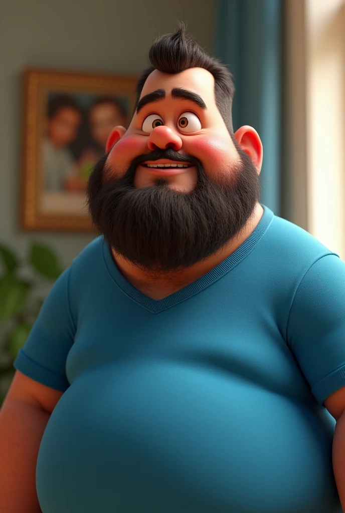 Cartoon character of a chubby man with a beard and very short hair, wearing a blue shirt, an animated character, Big Head Stylized Character, animation style rendering, 3d stylized, Arnold Maya rendering, Stylized 3D rendering, toon render screenshot, 3d character, 3d character, Stylized 3D rendering, 3D character rendering, cartoon character, Personagem de close up, character posing, (Pixar-style) (master part:1.2) (bokeh) (best qualityer) (skin detailed) (detailed texture) (8k) (Argilla) (cinematic lighting) (sharp focus,Sit down and lift your upper body