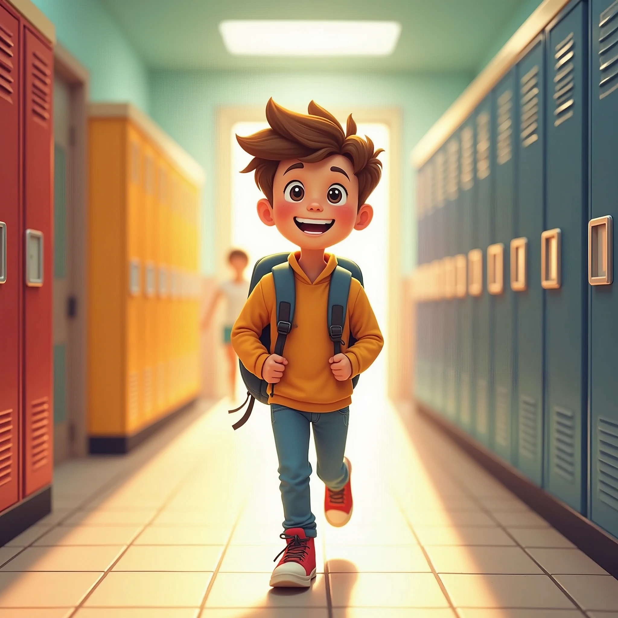 Create an image of a single student excitedly returning to school. The student must be carrying exactly one backpack and walking through the school hallway, with hands in pockets (ensuring hands are not visible). The hallway should be vibrant and colorful, with lockers and classroom doors visible in the background. The student should be smiling and looking forward with anticipation. EasyNegative, (worst quality, low quality:1.4), (((deformed))), distortions in the hands, face, and other parts, more than 1 character, more than 1 backpack, hands visible