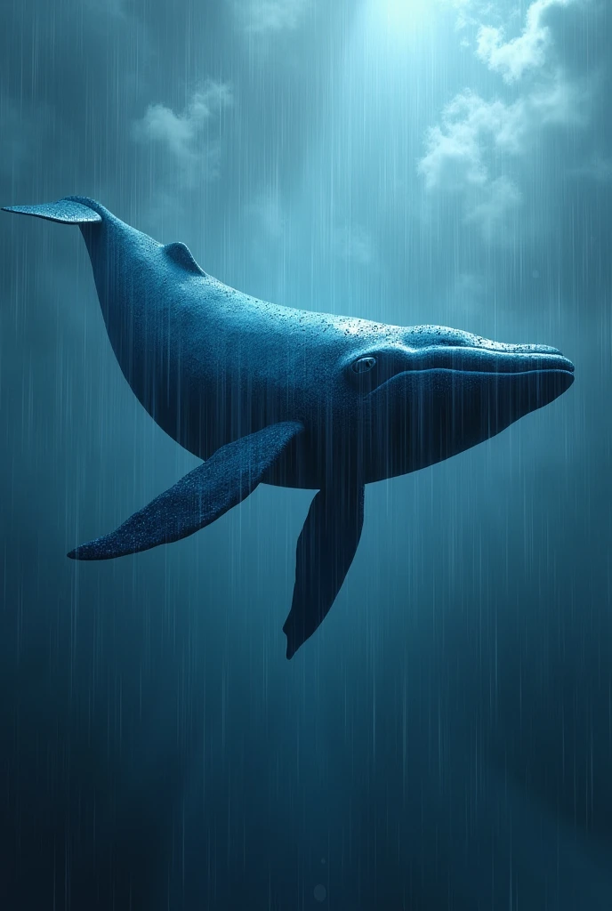 A blue whale swimming in the sky while it is raining heavilyپ