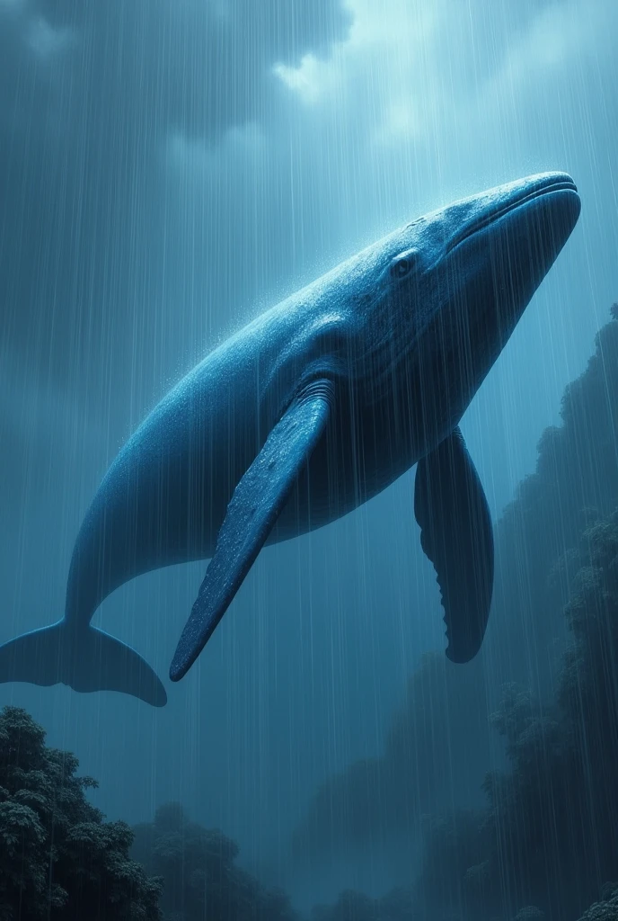A blue whale swimming in the sky while it is raining heavilyپ