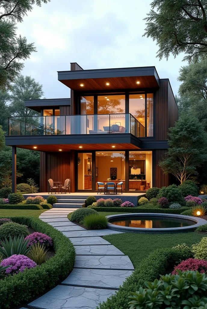 semi modern house semi burrow, two story house with a rooftop with bulb lights and  beautiful and classic garden