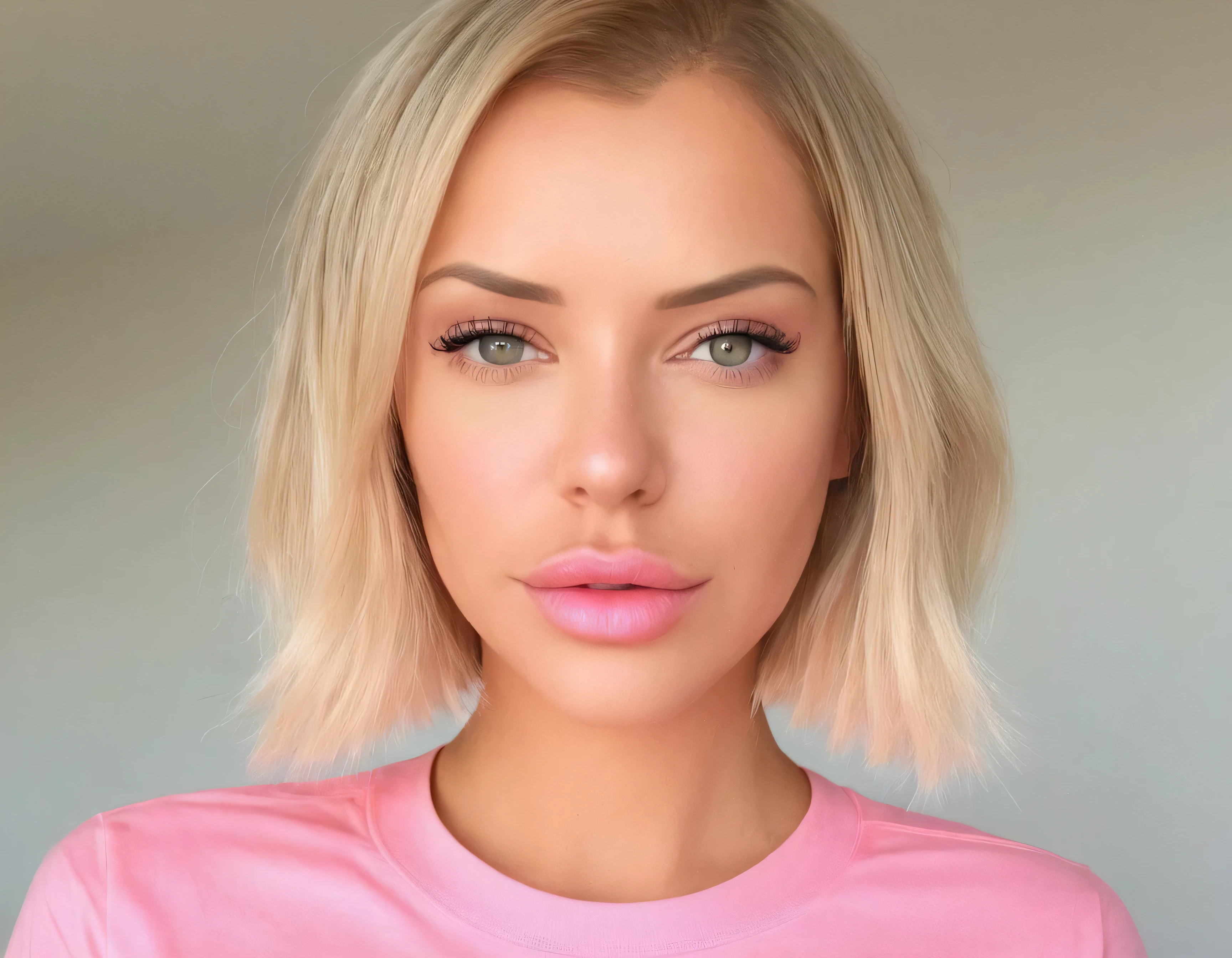 a woman with long blonde hair wearing a pink shirt, blonde swedish woman, blonde, pink lips, sexy face, instagram model laurence bedard, pink girl, dasha taran, pink face, thin light pink lips, anna nikonova aka newmilky, pink shirt, perfect face ), with