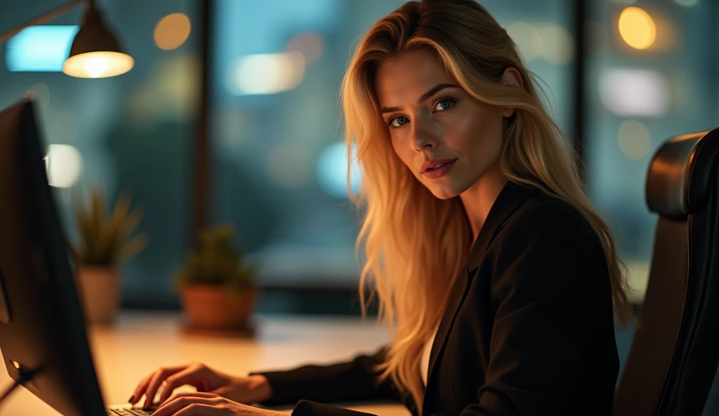 a beautiful girl with long blonde hair, detailed eyes, nose, and lips, wearing  professional outfit, siting in her office, using her computer, hp computer (best quality,4k,8k,highres,masterpiece:1.2),ultra-detailed,(realistic,photorealistic,photo-realistic:1.37),HDR,studio lighting,extremely detailed face and body, portrait,cinematic lighting,dramatic lighting,warm color tones,dramatic colors