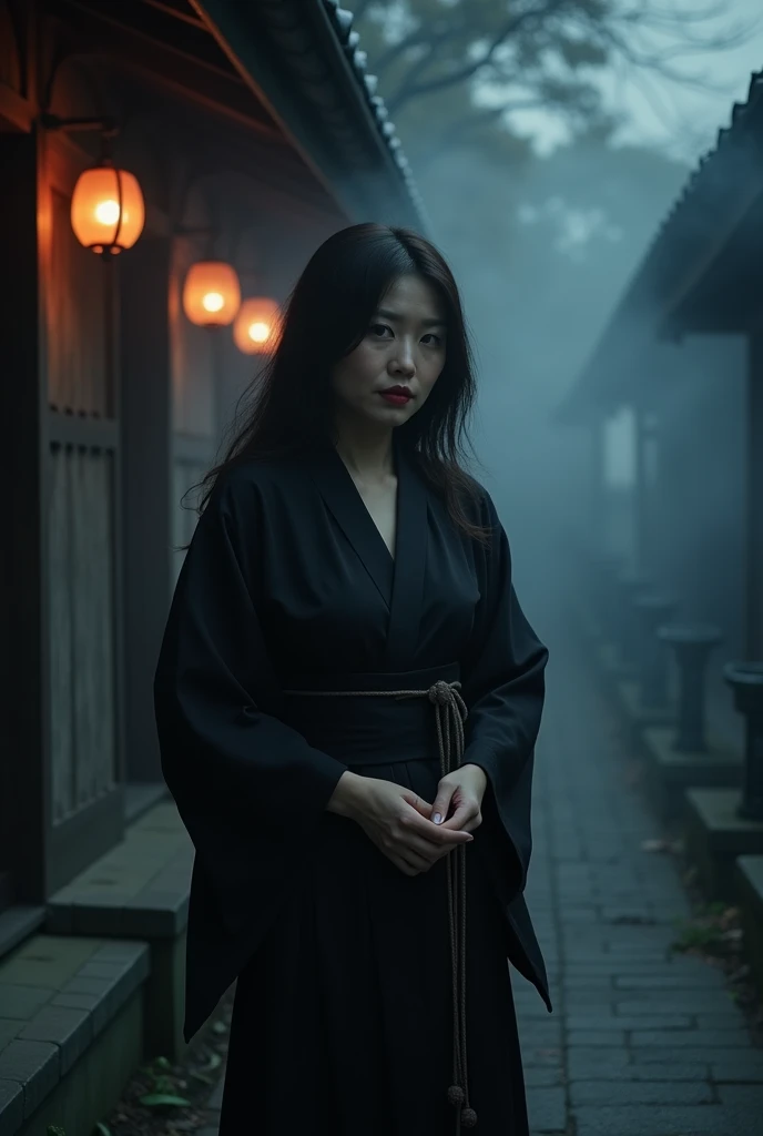 (A bewitching 35-year-old Japanese widow, wearing a stunning black mourning kimono, stands alone under the eaves of a funeral home on a moonlit night. Her brown French roll hair flows down her back like a dark waterfall, her dark red lips whispering secrets to the shadows. Her hands seem to rest delicately on her crotch, radiating an aura of mysterious charm as she surveys the gloomy surroundings with an air of captivating tranquility.., White smoke from incense floats thinly like fog.., swirling. background effect to express anxiety), ((NSFW, masterpiece, ridiculously outrageous resolution, absolute resolution, ultra-high resolution, mature woman, MILF, professional, vivid colors, perfect anatomy, ideal facial features, ideally proportioned figure , Absolutely beautiful body, super detailed skin, lustrous skin, glowing skin, magic, soft and curvy, body conscious, collarbone, cleavage, saggy big breasts, evil seductive smile)), core shadow, perspective, look, looking down