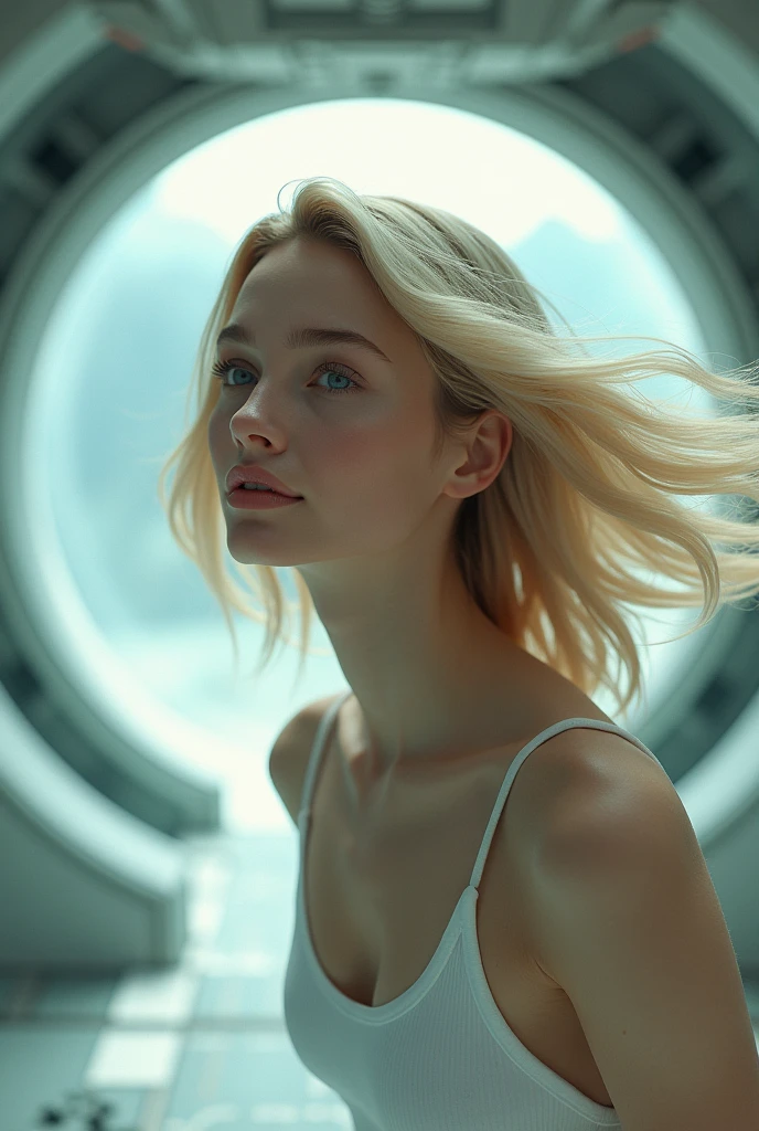 ((Beautiful woman, realistic shoulder length blonde with flowing hair on a realistic futuristic space station)), weightless & floating, (photorealistic), (((Transparent transparent combination))), (Style-Verre), (()), HdR, crenellated, 8k, ((Syd Mead)), Sharp details, ((head of'artwork)), (pictural), (good anatomy), (good proportions), (good composition)