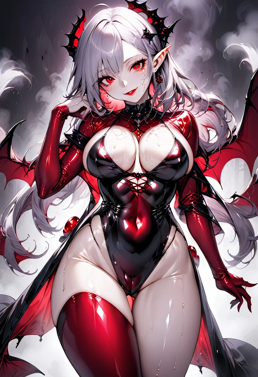 1 young beautiful woman,(Highest quality,Extremely detailed depiction,Incredibly absurd high resolution,Anatomically accurate depiction,Curvy Legs),(Shiny skin,Porcelain-like skin),(Female vampire:1.5,Shiny latex,),eyelash,Sweat,(Red Eyes,Vertically drawn pupils,Crazy Eyes,Large Breasts,A seductive smile,Glossy Red Lips,Flashy makeup,Seductive gestures,Half-closed eyes:1.3),whole body,Pointy Ears,background:In the mysterious mist:1.5