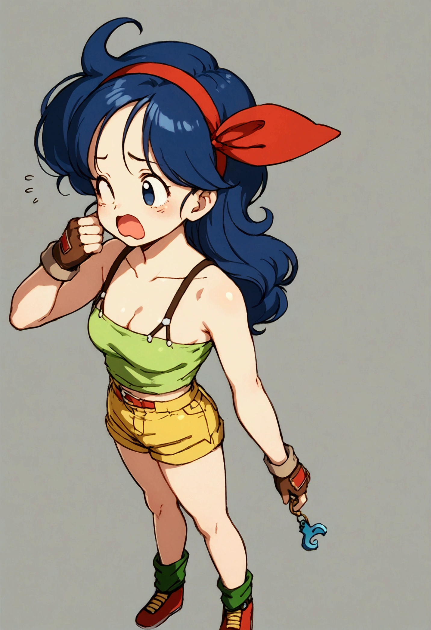 score_9, score_8_up, score_7_up,score_6, score_5, score_4,BREAK , from above,from side,(breast focus:1.5),front view.standing,(upperbody:1),1girl, launch good, blue eyes, blue hair, long hair, curly hair, wide open mouth, yawning,wavy mouth, ribbon, red hairband, fingerless gloves, brown gloves, green crop top, short shorts, yellow shorts, green legwear, red footwear, cleavage, collarbone, sad eyebrows,sleepy eyes, frown,anime style, key visual, vibrant, studio anime,highly detailed,masterpiece, best quality,
best aestethic, absurdres,cinematic lighting,(cell anime)