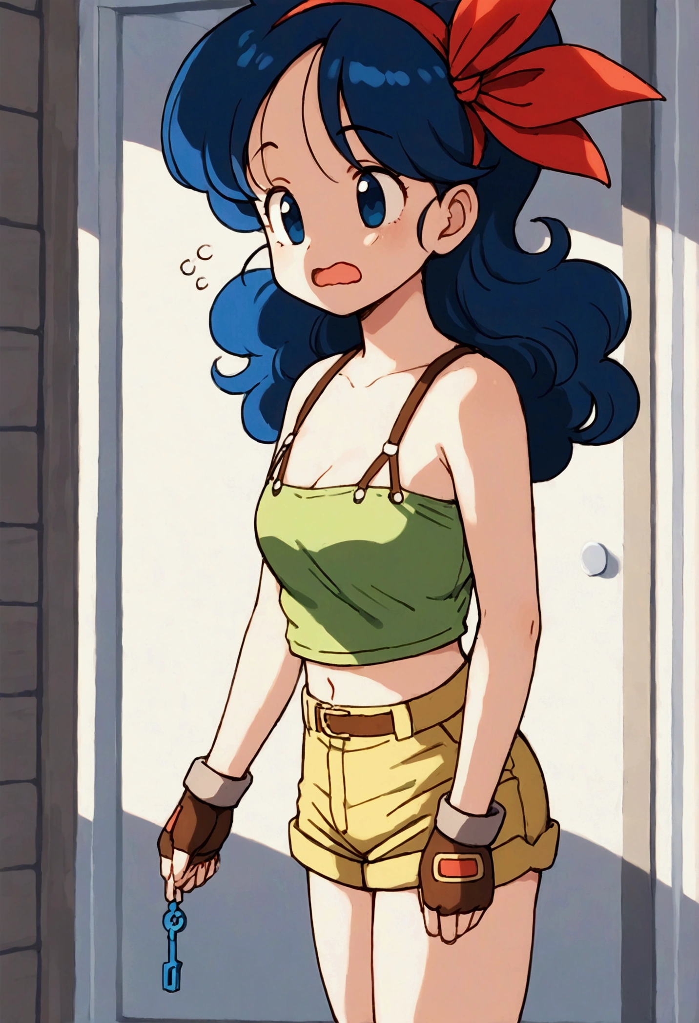 score_9, score_8_up, score_7_up,score_6, score_5, score_4,BREAK , from above,from side,(breast focus:1.5),front view.standing,(upperbody:1),1girl, launch good, blue eyes, blue hair, long hair, curly hair, wide open mouth, yawning,wavy mouth, ribbon, red hairband, fingerless gloves, brown gloves, green crop top, short shorts, yellow shorts, green legwear, red footwear, cleavage, collarbone, sad eyebrows,sleepy eyes, frown,anime style, key visual, vibrant, studio anime,highly detailed,masterpiece, best quality,
best aestethic, absurdres,cinematic lighting,(cell anime)