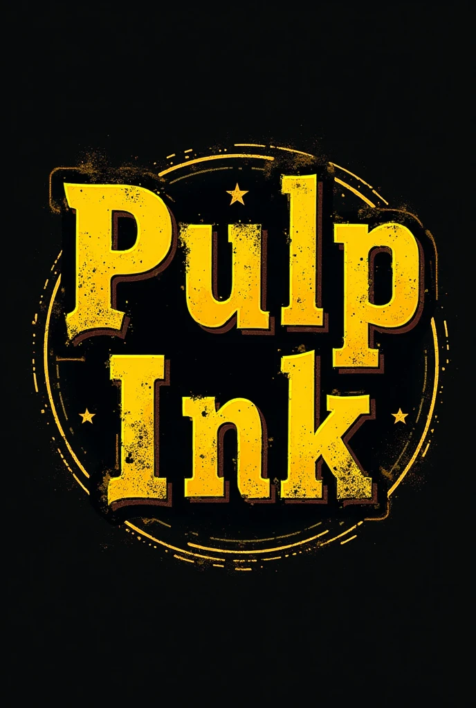 A logo for a tattoo studio with a reference to pulp fiction called Pulp ink with a yellow font and an old school feel 