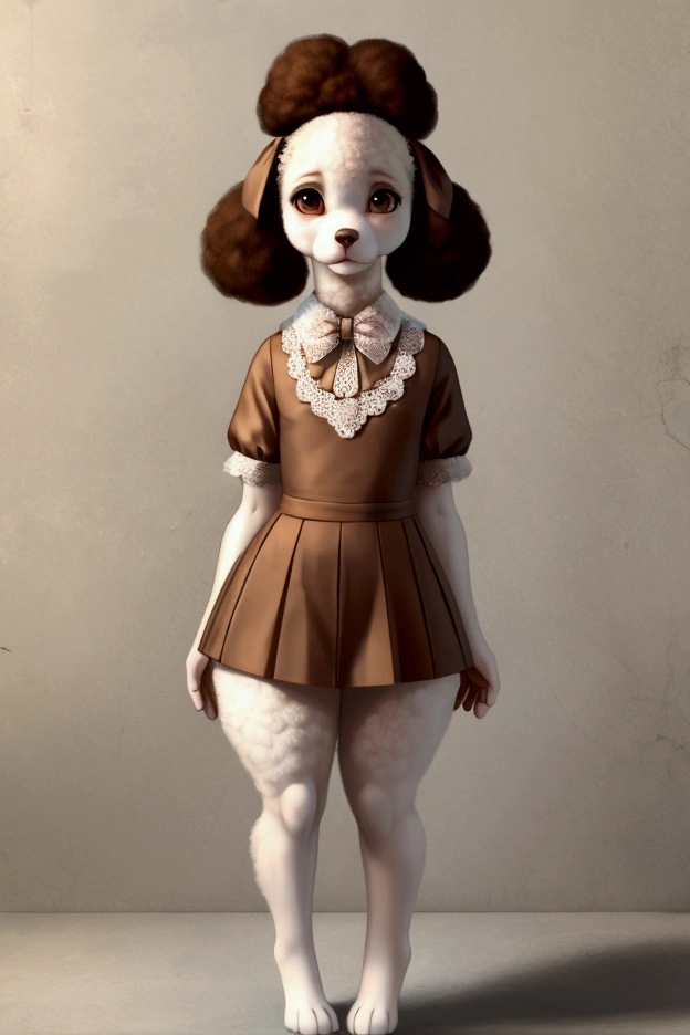 Small skinny poodle with nice big thighs and white fur and cute brown eyes and is wearing a short dress with a full body mini skirt and is 9 years old.