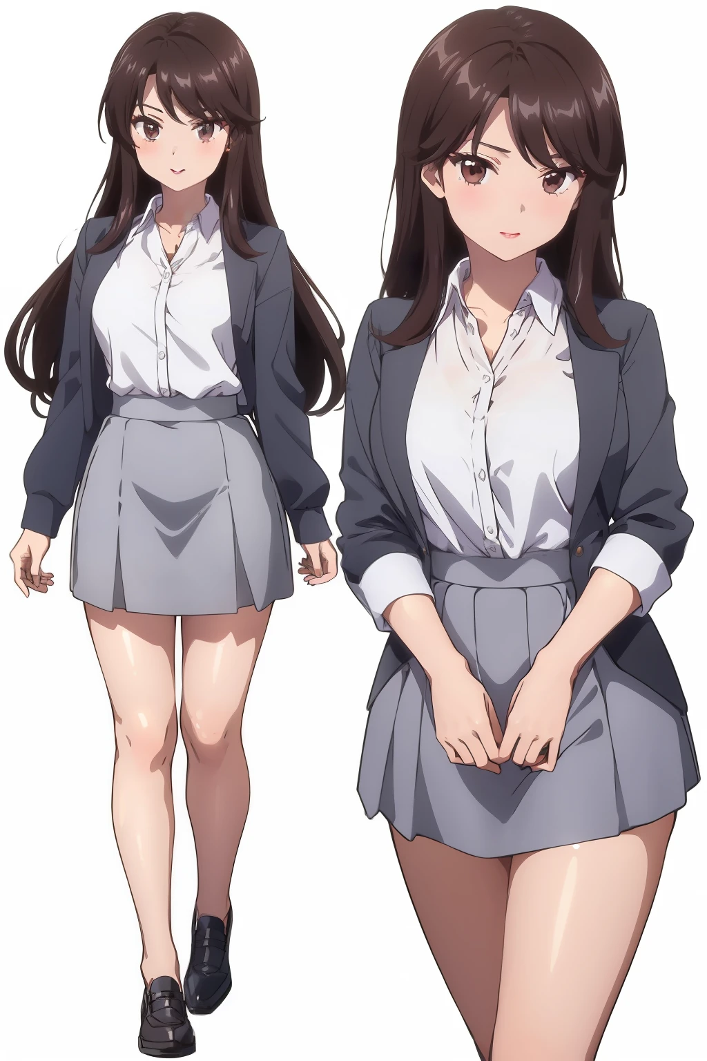 (best quality,4k,8k,highres,masterpiece:1.2),ultra-detailed,(realistic,photorealistic,photo-realistic:1.37)
anime character of a girl in a with different poses,
aamiku,long hair,bangs,hair between eyes,headphones around neck,large breasts,,jacket,(black jacket:1.2),blazer,cardigan,blue cardigan,collared shirt,white shirt,long sleeves,green skirt,pantyhose,black pantyhose,loafers,high tight,
various pose, ecchi anime style, anime full body illustration, single character full body, flat anime style, anime character reference sheet, anime character design, anime set style, anime style character,(Beautiful,Huge_Breasts:1.3)