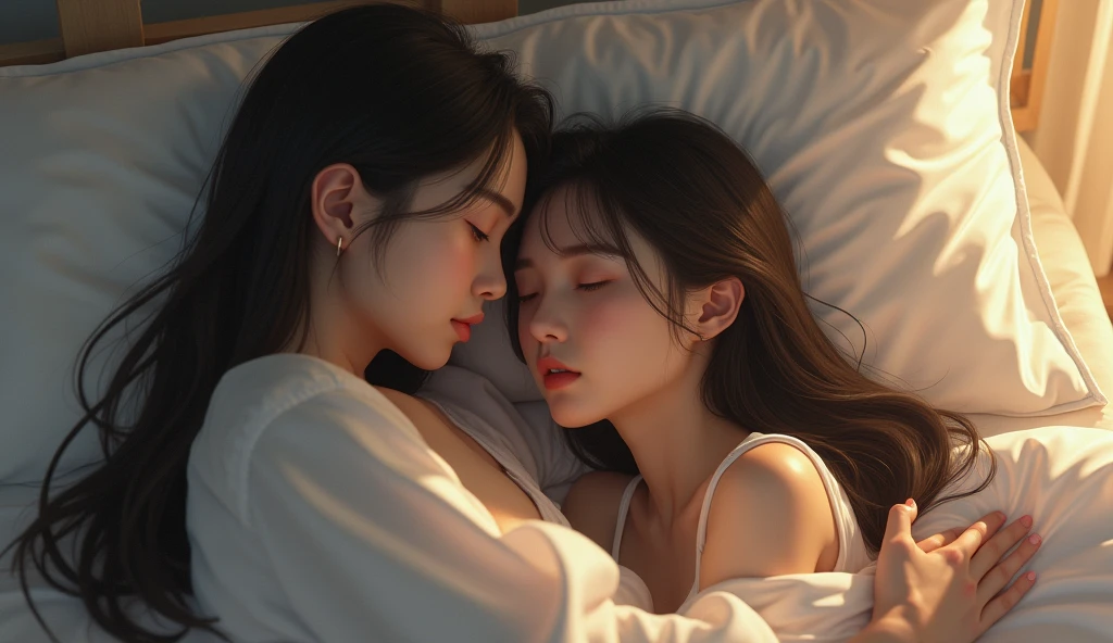 they are two women laying on a bed together and one is holding her butt, wlop and sakimichan, lesbian art, ultra realistic picture, extremely detailed artgerm, trending on cgstation, two beautiful anime girls, range murata and artgerm, sapphic art, hyperrealistic picture, hyperrealistic schoolgirl, [ 4 k photorealism ]!!