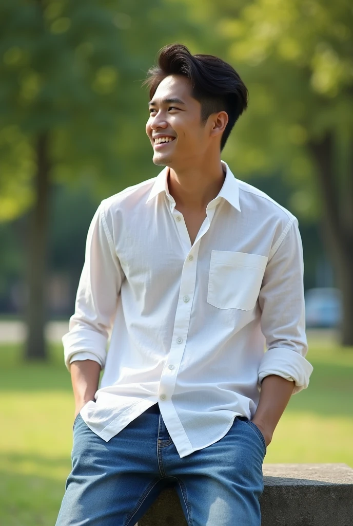 Homme asiatique (coréen, vietnamien, chinois, japonais), 24 ans, élégant mais décontracté, imberbe. Vêtu d'une chemise en lin légère, légèrement déboutonnée sur le haut, avec des manches retroussées. Il porte un jean bleu clair délavé, ajusté mais confortable. Chaussures blanches épurées. La pose est naturelle, assis sur un banc dans un parc, en regardant vers l'horizon avec un sourire détendu. Peau claire, légèrement bronzée par le soleil, affichant un look casual et charmant. Photo en haute résolution (4k, 8k) pour capturer chaque détail du contexte en plein air, avec une ambiance tranquille et naturelle.