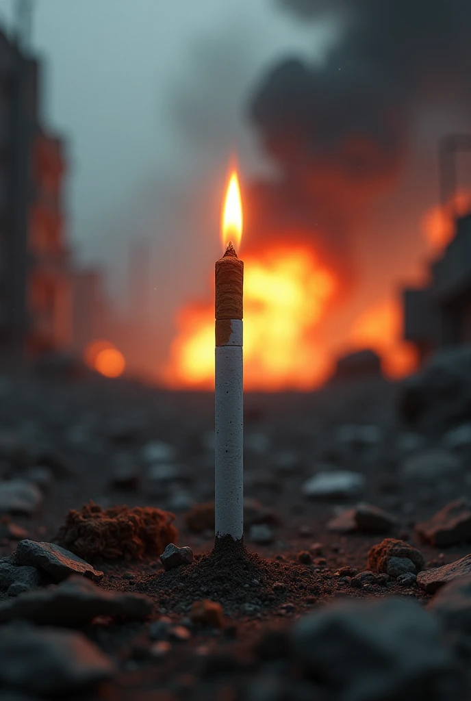 Generate an image with no human subject where we see a lit cigarette in the main frane and a bomb explosion is going on the background