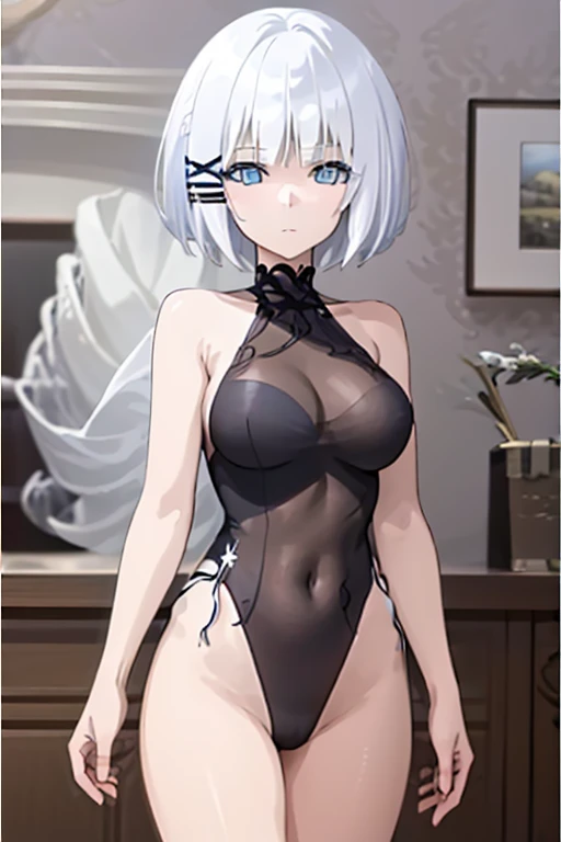 masterpiece, best quality, high quality, highres, official art, explicit, extremely detailed, ultra detailed, absurdres, very aesthetic, perfect composition, (nsfw), (siesta, blue eyes, short hair, white hair, hairclip, x hair ornament, bangs), bedroom, see-through leotard