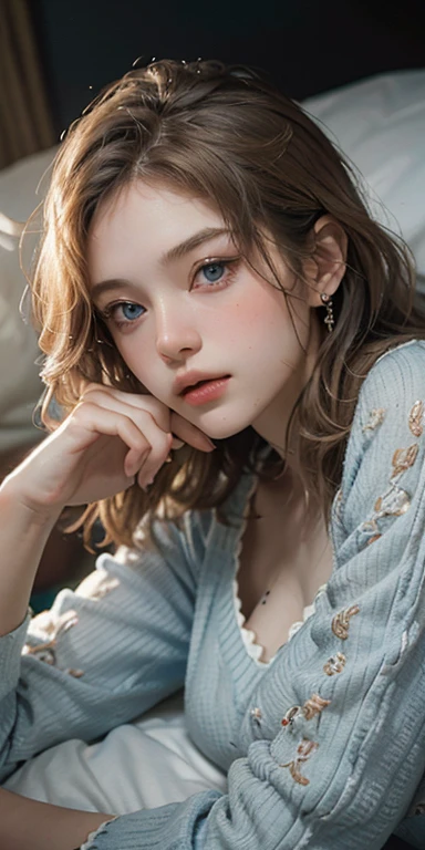 (masterpiece: 1.2, Portraiture, Highest quality), Realistic, (Live Action, Intricate details, Written boundary depth), Highest quality, masterpiece, Attention to detail, semi-Realistic, Lie face down on the bed, shy, 21 years old, Short Blonde, blue eyes, pajamas, Slim figure、Dark Room