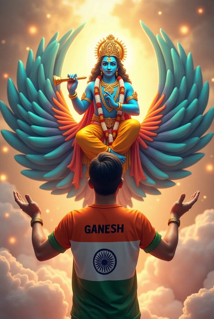 create a 3D illustration of a 30 year old man is worshiping open his two hand lord Krishna and lord Krishna is sitting on a peacock and has golden flute in his hands and Name 'GANESH' is written on the mans t-shirts the t-shirt colour was Indian flag colour, image features with heaven background.