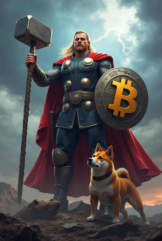 Generate an image of Thor with his hammer and Bitcoin shield, accompanied by his Shiba Inu dog wearing a collar with the letters DOG defeating a bear.