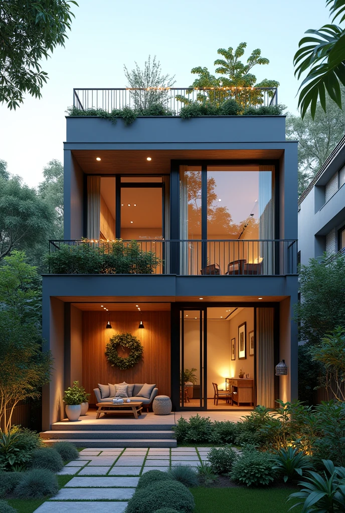 semi modern house semi burrow, two story house with a rooftop with bulb lights and beautiful and classic garden
