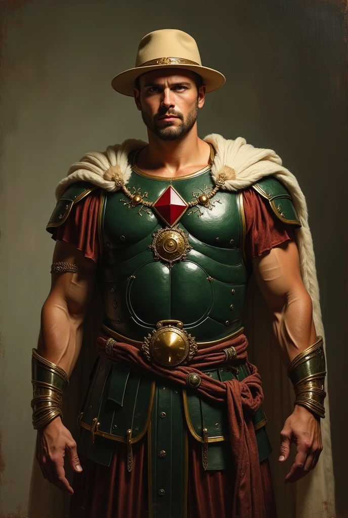 {{Masterpiece, best quality, oil painting, by Théodore Géricault, male focus, muted colors}}, the composition is: (((a dramatic half body portrait of a 25 years old ancient Roman guard, sexy, muscular, magnificent, wearing a beige Russian fur hat, he is wearing a red diamond shape pendant))). ((((He is wearing a dark green lorica armor made of velvet, alligator leather, with ronin inspired elements, Slavic inspired elements, wearing a satin sash))).