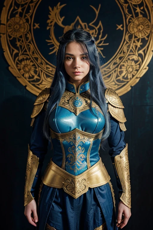 A young female warrior with long, flowing blue hair stands confidently, wearing intricately detailed golden armor with ornate engravings. Her armor shines with metallic gold and dark blue hues, giving a regal and mystical appearance. She has a calm, determined expression with a slightly flushed face, and delicate features including light freckles. The background is a textured, neutral-colored surface that contrasts with her vivid appearance. The overall atmosphere is both heroic and ethereal.