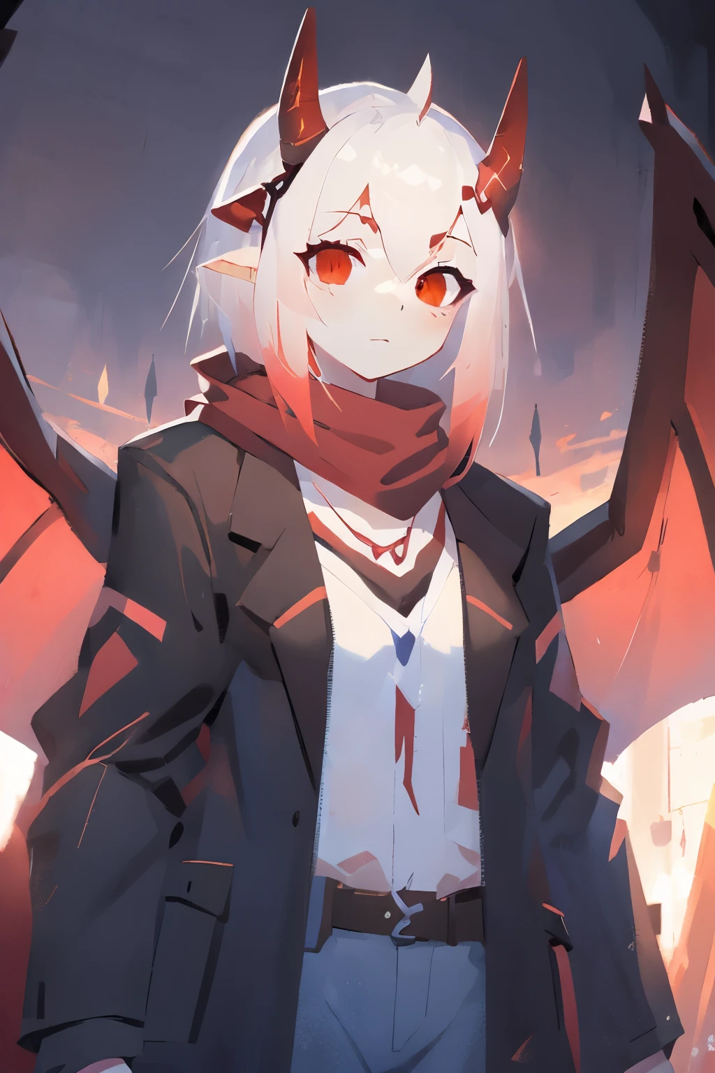 1girl, Fantasy creature characteristics, Mythological Creatures, Demon Girl, (highly detailed, masterpiece:1.2), There pairs of curved short horns above the ears., black horns, slit pupils, dragon wings, Upright ears, white hair, (red eyes), (gradient eyes), streaked hair, gradient hair, red bangs, Red overcoat with white Shirt, red scarf, Blue Jeans, short_hair, (whole body:1.3), flat_chest, The eyes are firm and confident, from arknights, warfarin_arknights, close-up, from below, projected inset, dutch angle, tachi-e, wide shot, best quality, 4k, 8k