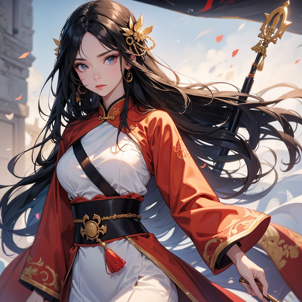 (best quality), (masterpiece), (photorealistic), (realistic), super detailed, unity 8k wallpaper, highly detailed cg, ray tracking, sharp shadows, great detail, depth of field, super detailed background, Sun Wukong, the Great Sage Equal to Heaven who became a beautiful girl, Chibi, Kawaii, Tiny, She holds it in her hand The Compliant Golden-Hooped Rod, Chinese mythology, Buddha Dharma, and Journey to the West, Stick stance, headband, golden eyes, Mountain tops,