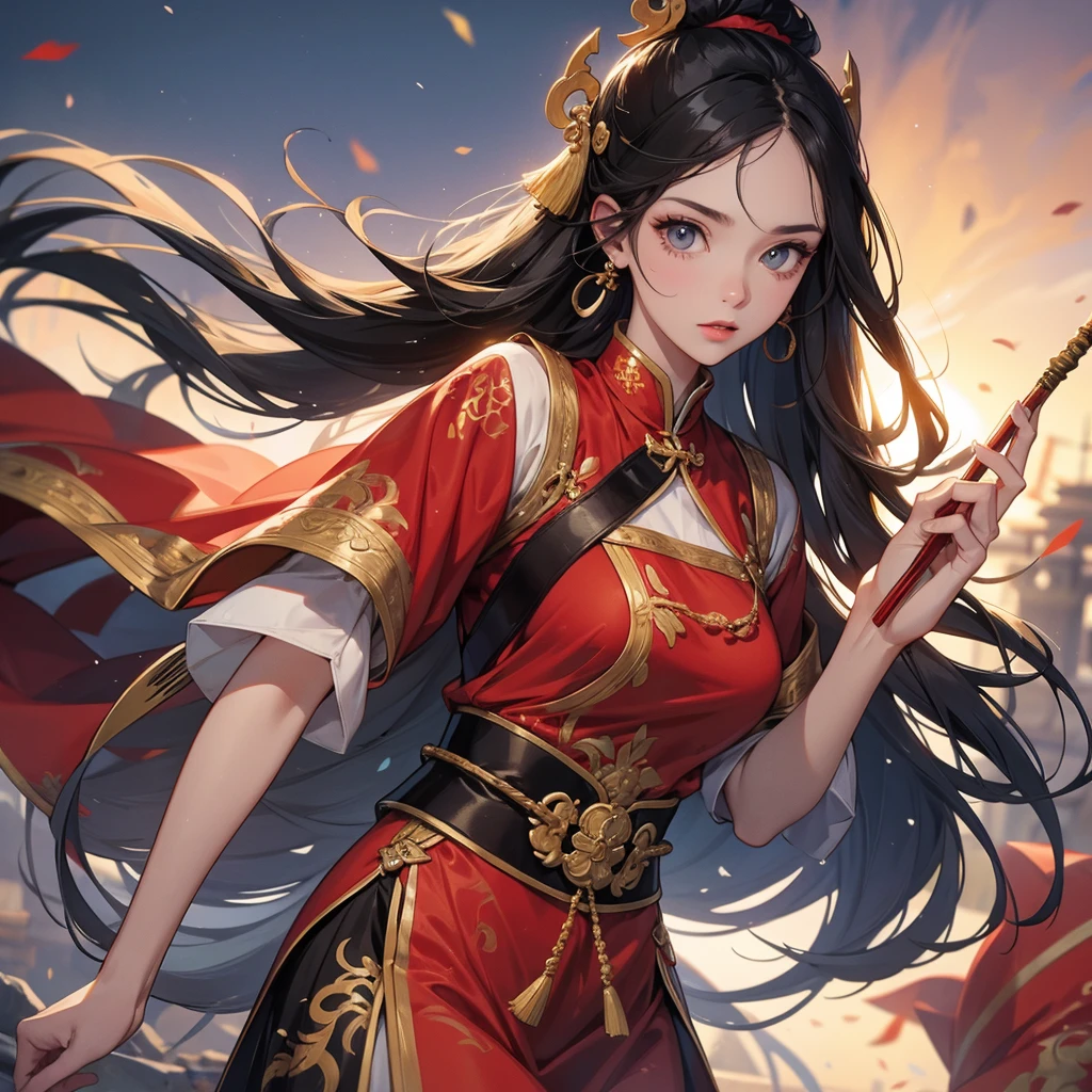 A beautiful woman with long black hair, wearing a hairpin, wearing an ancient Chinese general's outfit, holding a long spear, on the battlefield, close up.