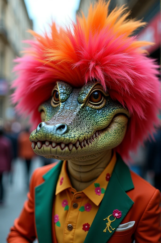 A gay alligator wearing a wig, lipstick, and makeup