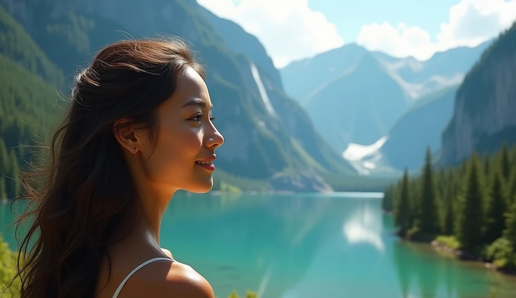 A Back Dutch 45 angle back shot view. (Similar to Agata Zia), a beautiful young lady, happy, content, admiring a zen landscape, mountains, lake, waterfall, luxuriant nature, detailed face, (best quality, 4k, 8k, high resolution, masterpiece:1.2), ultra-detailed, (realistic, photorealistic, photo-realistic:1.37), landscape painting, digital art, vivid colors, dramatic lighting, cinematic, intricate details