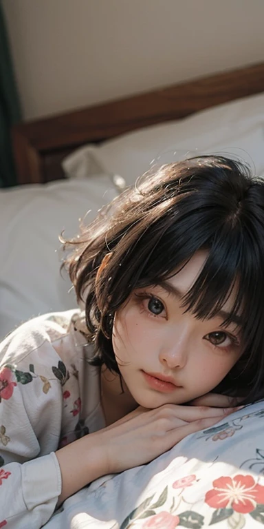 Cute girl lying face down on the bed and staring at you, 22 years old, Realistic, she is wearing shorts, She is wearing floral pajamas, short hair.Shoulder Bare、Chest visible from the front