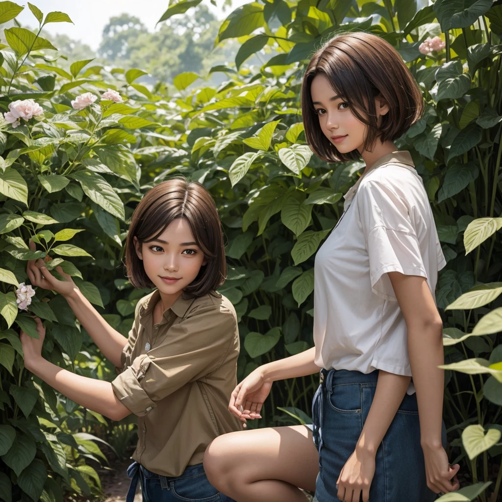 "Riola, a slender young woman with short, shoulder-length brown hair and a lively, cheerful expression, stands in a lush, forested landscape. Dressed in practical, boyish attire consisting of shorts and a simple shirt in natural earth tones, she exudes an energetic and bright aura. Her androgynous, almost boyish features give her a youthful appearance despite being 30 years old. With a focused yet gentle look on her face, she extends her hand towards a cluster of plants. As her hand hovers above them, the plants respond to her touch, and vibrant flowers begin to bloom, unfolding their petals in a display of nature's beauty. The background is strongly blurred, emphasizing the magical connection between Riola and the blossoming plants."