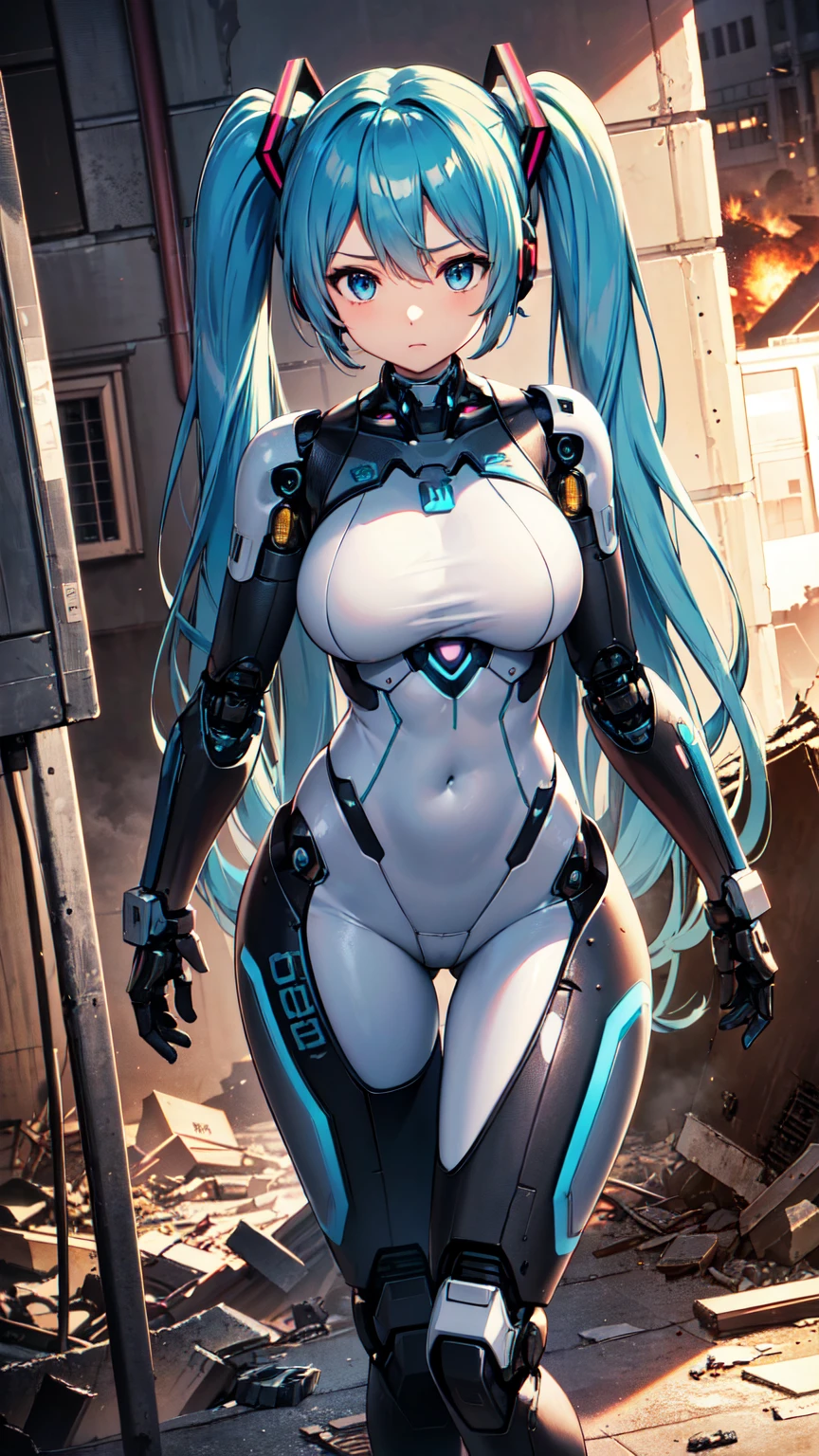 Hatsune Miku Vocaloid、Twin tails、Light blue hair、Bright Blue Eyes、Mecha Girl、Big Breasts、Ultimate toned physique、black tights、Highly sophisticated cyborg, Arms folded in front of the destroyed city, Bionic body with futuristic details. (Arms folded in front of the destroyed city、Highly sophisticated cyborg, Bionic body with futuristic details.)