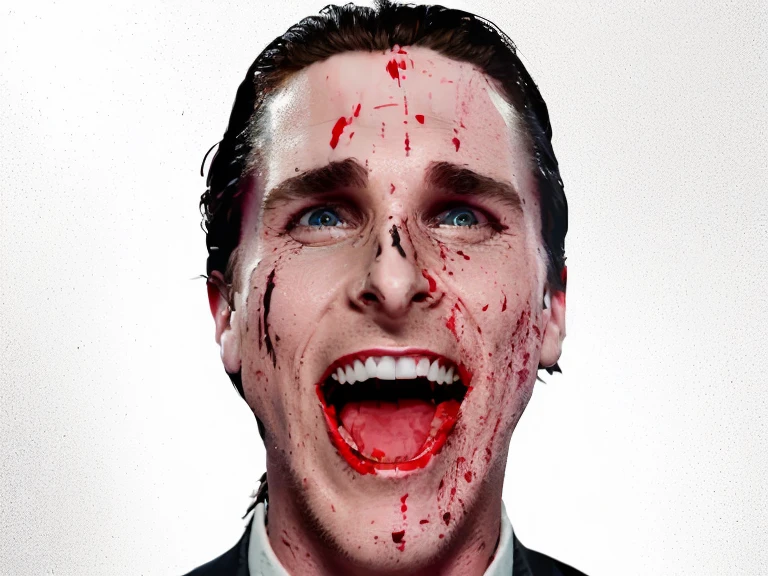 t-shirt designer, stylized modern vector art, (white background), design, man with blood on his face and tie, Patrick Bateman), in American Psycho, American Psycho, Patrick Bateman, in American Psycho (1999), in American Psycho (1 9 9 9), the joker and Patrick Bateman, face of a psychopath, brutal clean bloody face, bloody face, Christian Bale as the joker, horror film, (Christian Bale) ,.(cartoon style).colors (black and white).