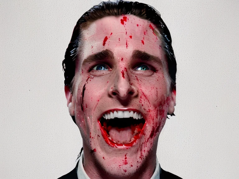  t-shirt designer, stylized modern vector art, (white background), design, man with blood on his face and tie, Patrick Bateman), in American Psycho, American Psycho, Patrick Bateman, in American Psycho (1999), in American Psycho (1 9 9 9), the joker and Patrick Bateman, face of a psychopath, brutal clean bloody face, bloody face, Christian Bale as the joker, horror film, (Christian Bale) ,.(cartoon style).colors (black and white).
